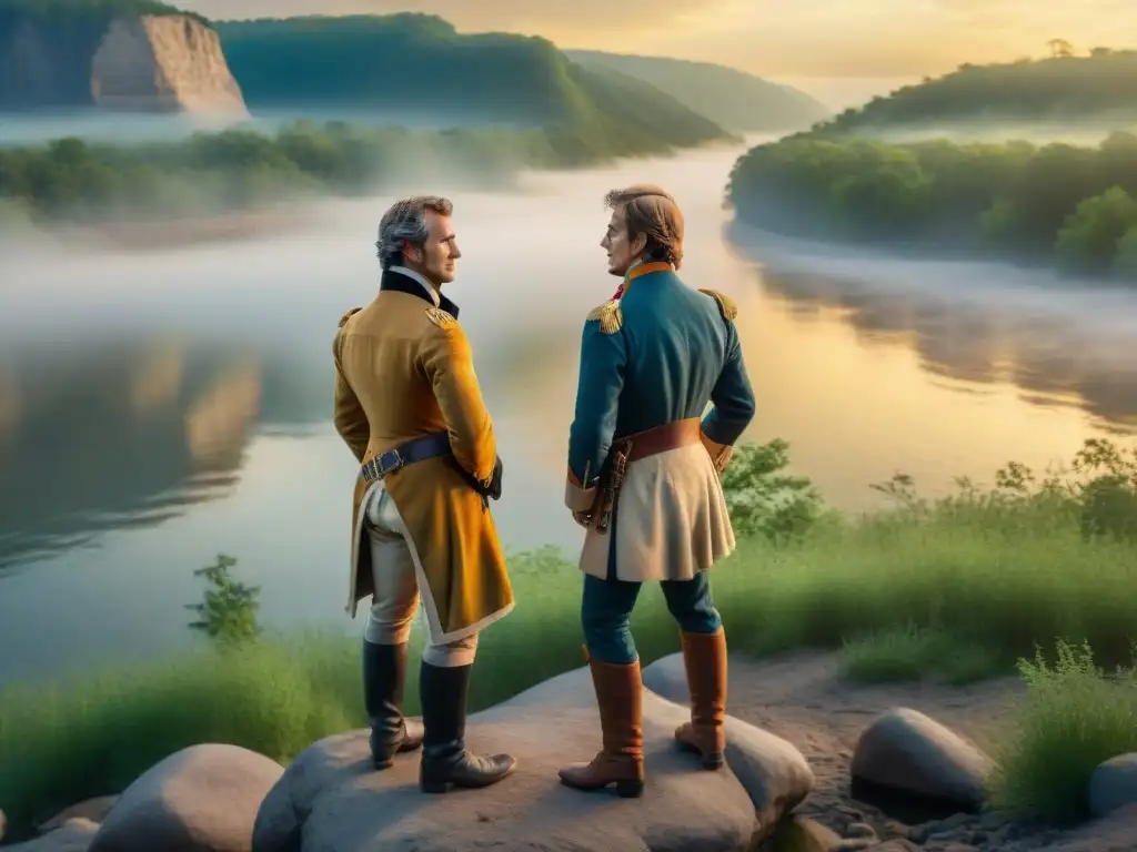 Expedición de Lewis y Clark en el río Mississippi al atardecer Exploración en ríos emblemáticos del mundo: Lewis y Clark en el río Mississippi al atardecer, rodeados de naturaleza exuberante y espíritu de aventura