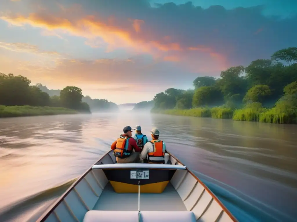 Exploración moderna del río Mississippi: equipo de exploradores en acción Exploración de ríos emblemáticos del mundo: equipo moderno navegando el Mississippi al atardecer