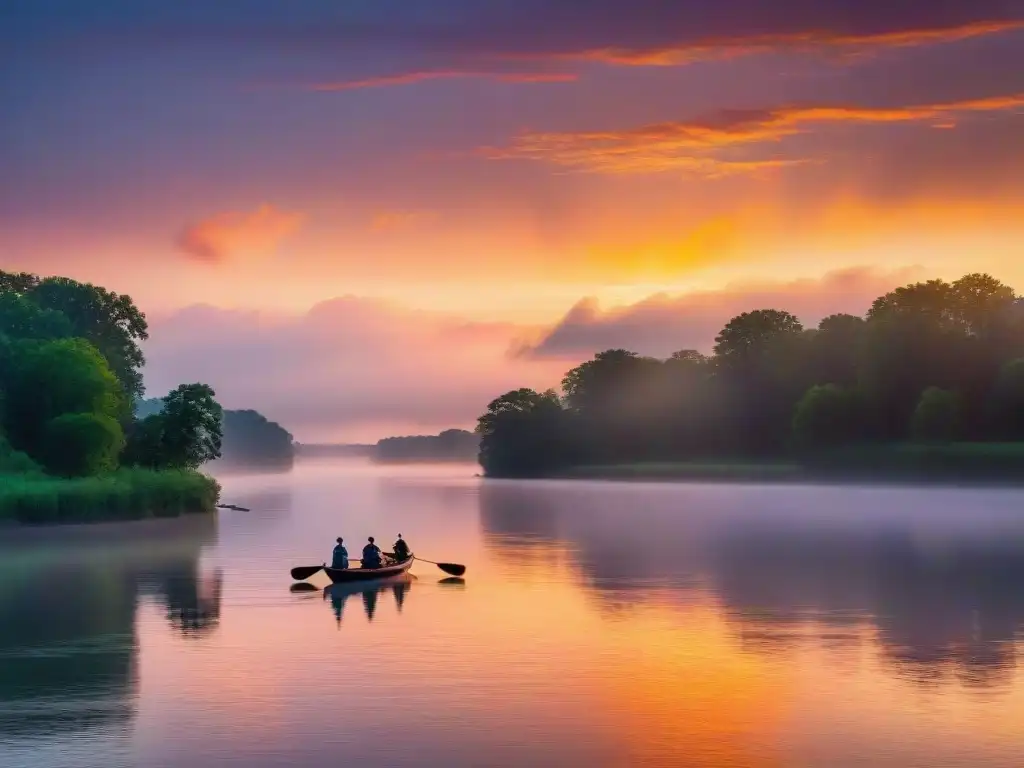 Exploración en el Mississippi: Canoas nativas y barcos de expedición Exploración en ríos emblemáticos del mundo: un atardecer vibrante sobre el Mississippi con canoas nativas y barcos de expedición