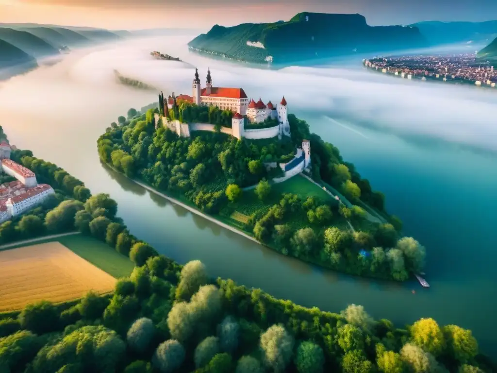 Espléndido atardecer en el Danubio, castillos y aldeas europeas Exploración ríos emblemáticos mundo Europa: Atardecer dorado sobre el majestuoso Danubio, castillos históricos y pintoresco pueblo europeo