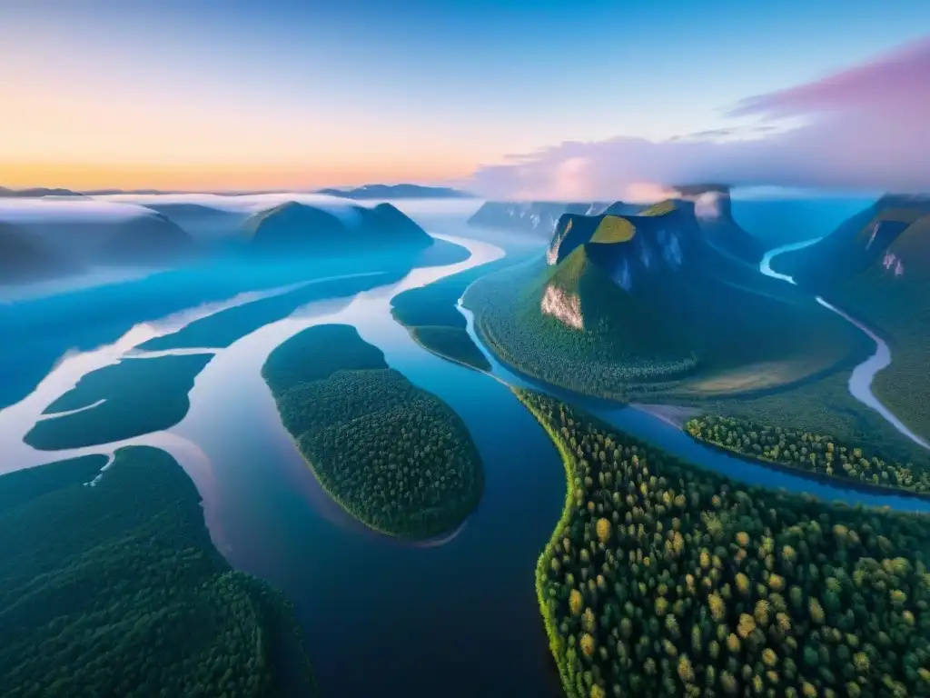 Paisaje épico del río Lena en Siberia al atardecer Exploración del río Lena en la salvaje Siberia: atardecer sobre aguas cristalinas, bosques densos y montañas nevadas al fondo