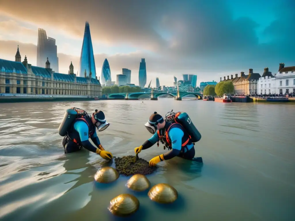 Excavación submarina: descubriendo tesoros en el río Támesis Exploración de secretos sumergidos del Támesis: arqueólogos subacuáticos meticulosos recuperan antiguos tesoros en Londres
