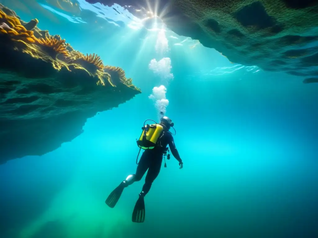 Exploración subacuática: tecnología vanguardista en aguas cristalinas Exploración subacuática con trajes de buceo avanzados en río cristalino