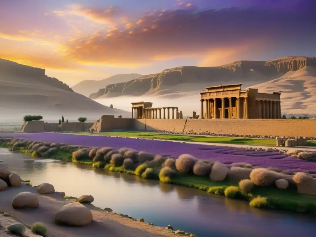Puesta de sol en Persepolis: misterio y grandeza Explorador contempla ruinas de Persepolis al atardecer, con leyendas río Oxus Persia