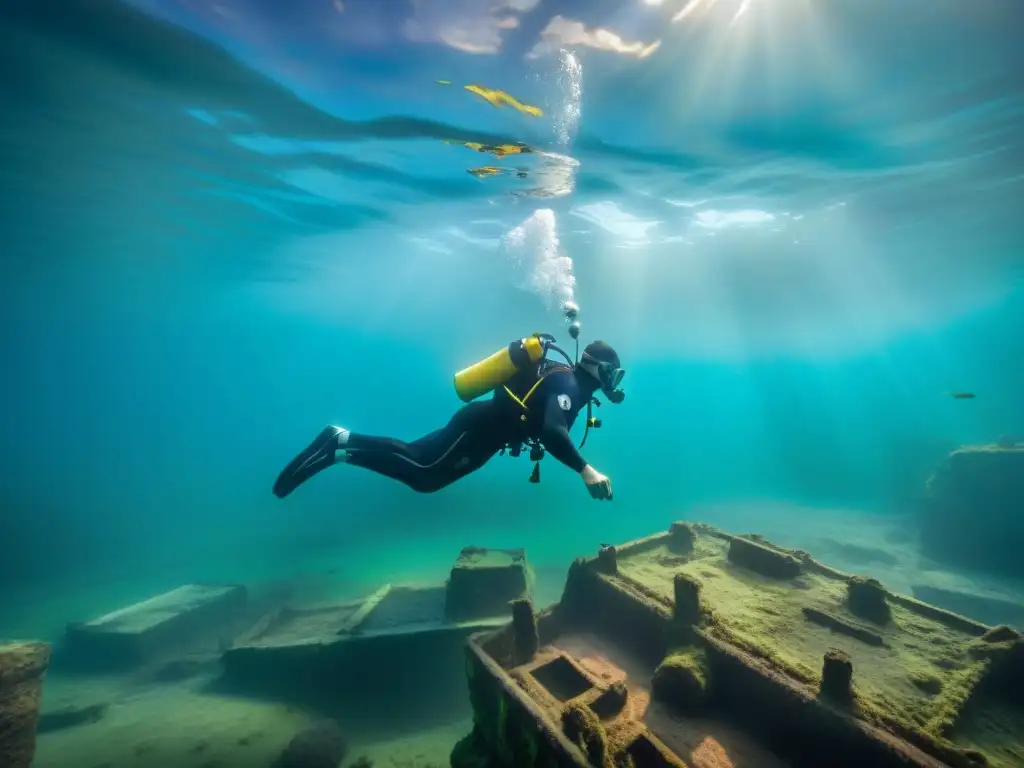 Excavación submarina: Misterios del río Támesis Explorador submarino desvelando secretos sumergidos del Támesis entre ruinas históricas