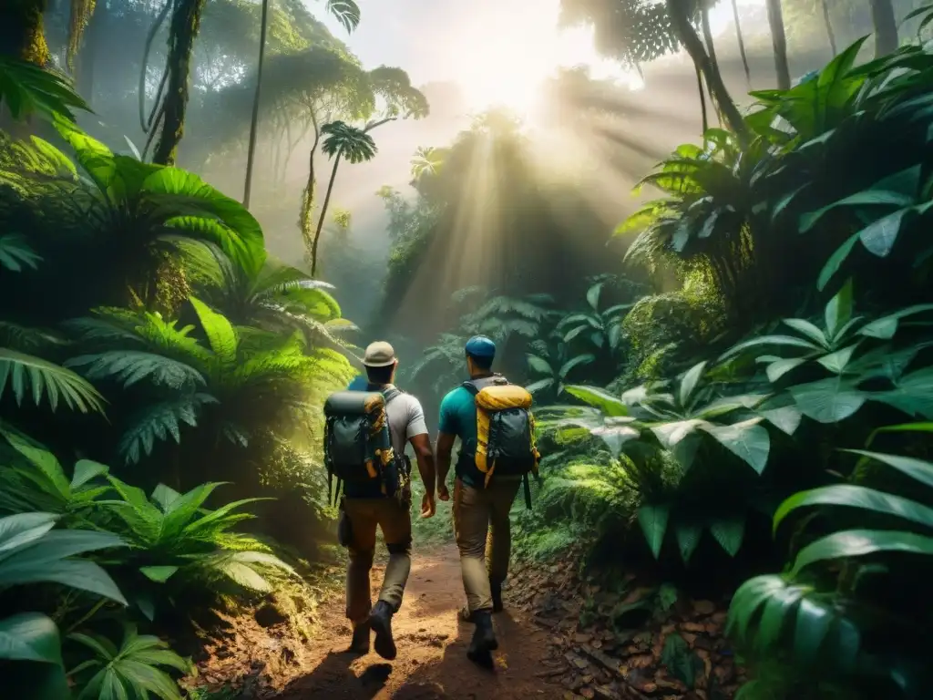 Exploradores en la jungla: determinación y misterio Exploradores determinados en la densa jungla, con el sol filtrándose entre el dosel