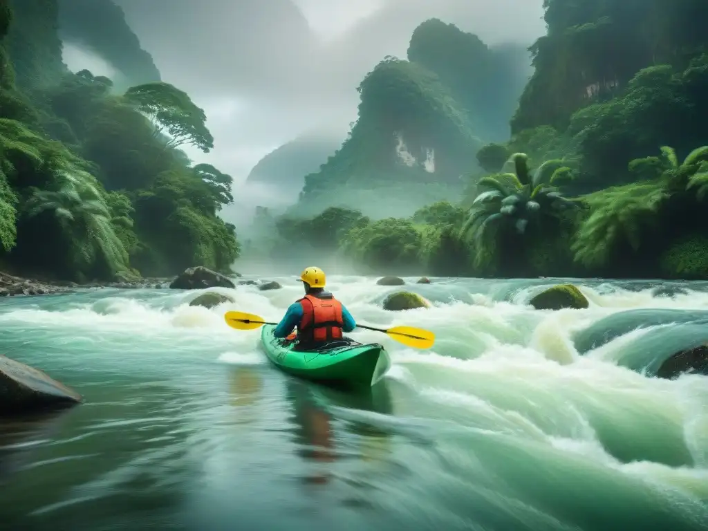 Exploradores hábiles surcando río en jungla mítica Exploradores en kayaks equipados con ropa técnica para exploración fluvial surcan rápidos en una selva exuberante