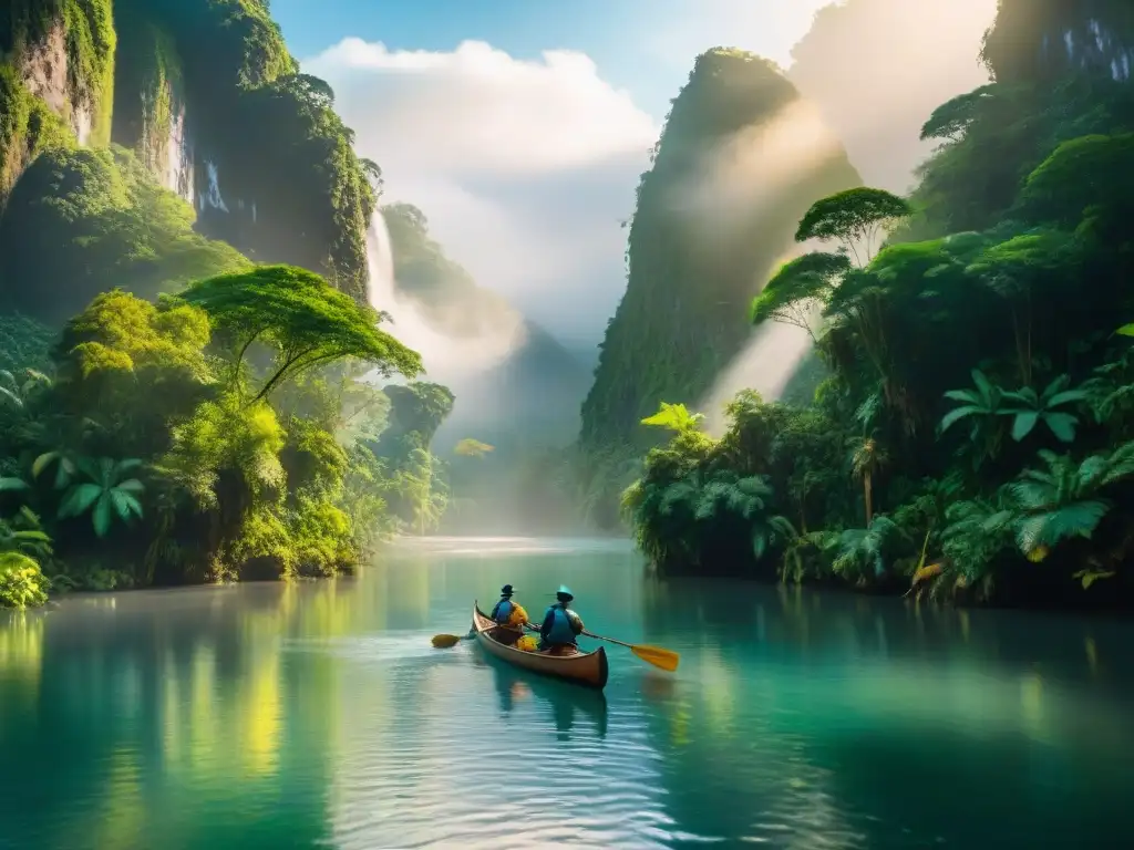 Exploradores en canoa: Aventura en jungla exuberante Exploradores en canoa navegan un río en una exuberante selva, evocando aventura y conexión con la naturaleza