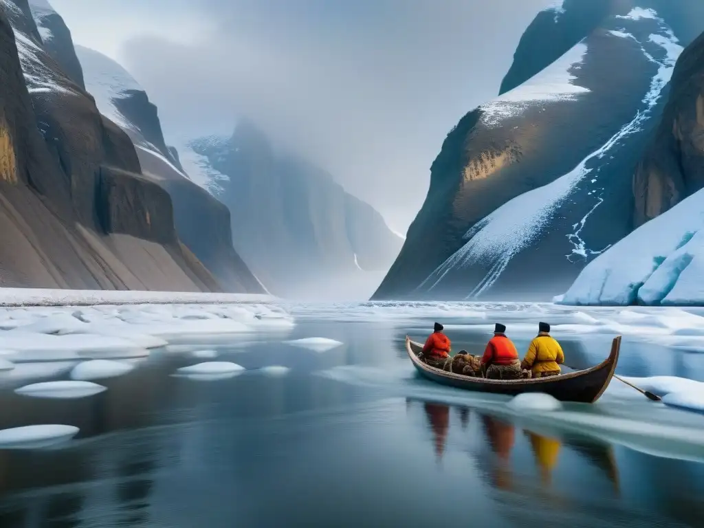 Exploradores siberianos en bote por el río Lena: aventura helada Exploradores en ropa siberiana navegan en bote de madera por el gélido río Lena, rodeados de paisajes nevados
