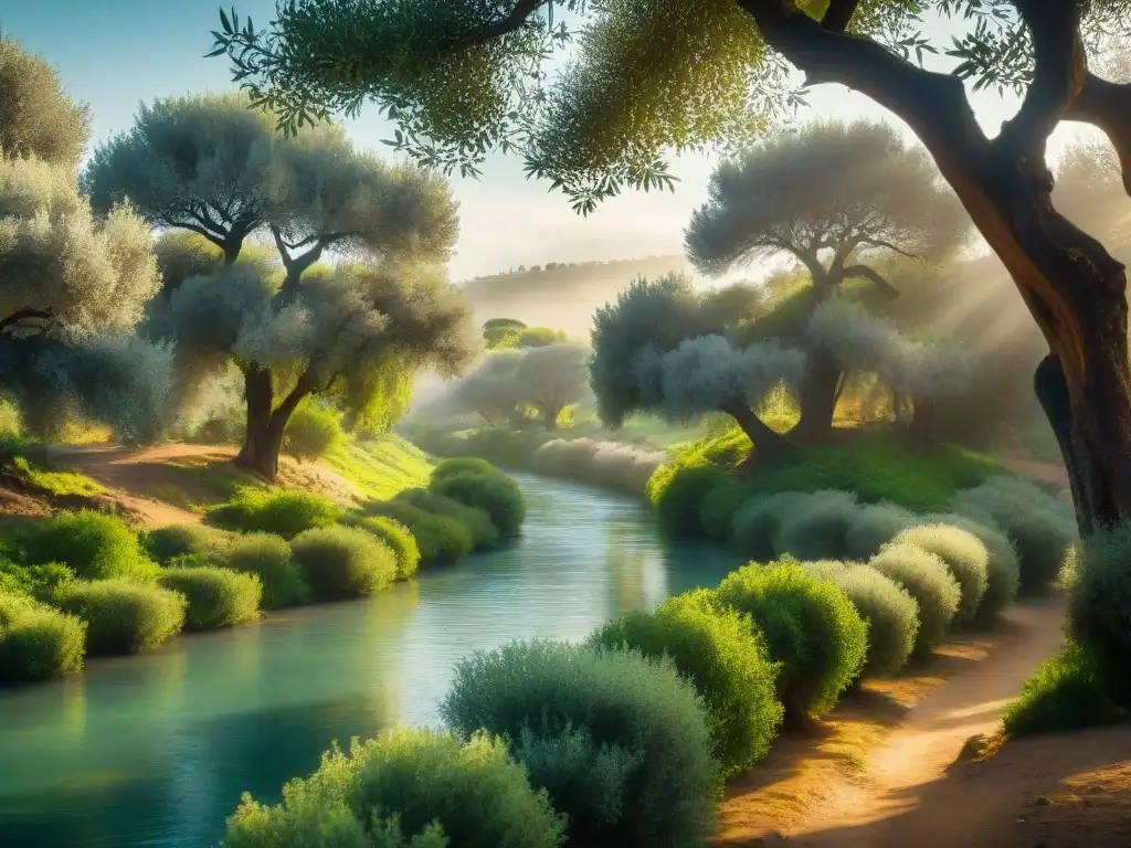 Río Jordan: Serenidad entre olivos milenarios El río Jordán serpenteando entre la exuberante vegetación, con la luz del sol filtrándose a través de los árboles de olivo