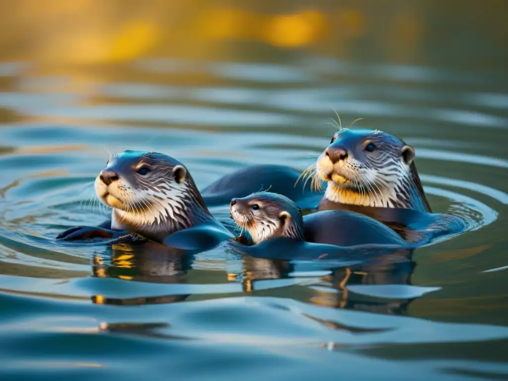 Familia de nutrias nadando en aguas cristalinas del río Rin al atardecer, ejemplificando la belleza de la fauna frente a impactos ambientales