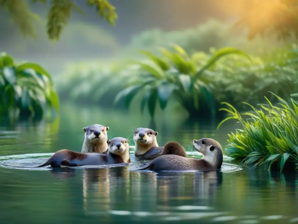 Armonía familiar: nutrias jugando en río al atardecer Familia de nutrias nadando en armonía en un río sereno al atardecer, rodeadas de vegetación exuberante