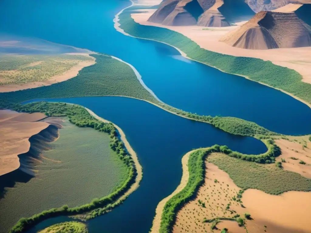 El majestuoso río Blue Nile en el árido paisaje etíope Flujo del río Nilo Azul en paisaje etíope árido, muestra influencia cultural y contraste del agua azul vibrante con entorno desértico