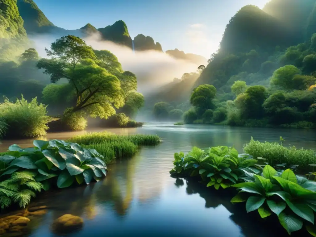 Río prístino: belleza y misterio en la naturaleza Una foto detallada de un ecosistema fluvial prístino, con agua cristalina reflejando la exuberante vegetación