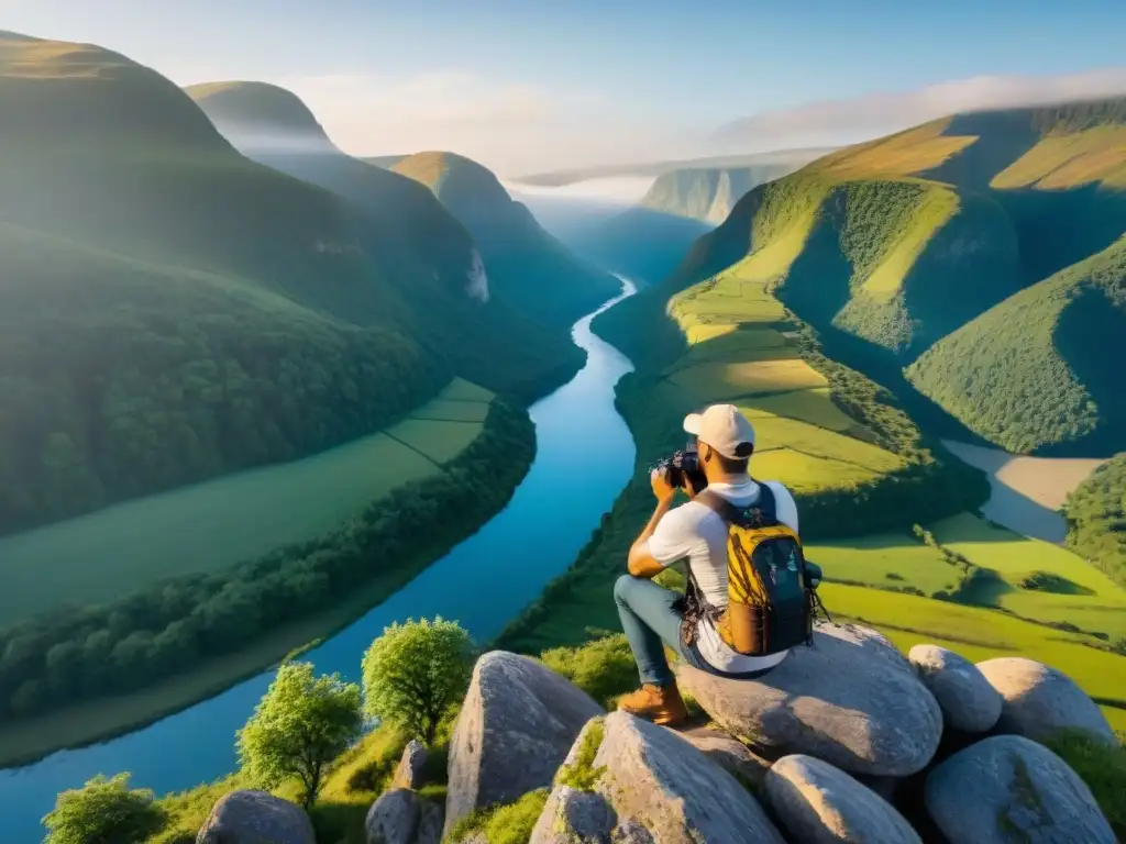 Fotógrafo capturando río desde las alturas Fotógrafo capturando la belleza de un río desde un mirador en las montañas