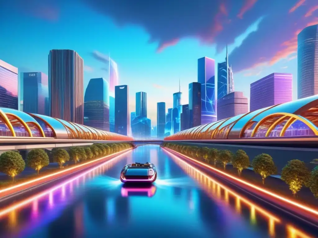 Ciudad Futurista: Redes de Neon y Ríos Brillantes Futurista ciudad con ríos de neon en arte digital