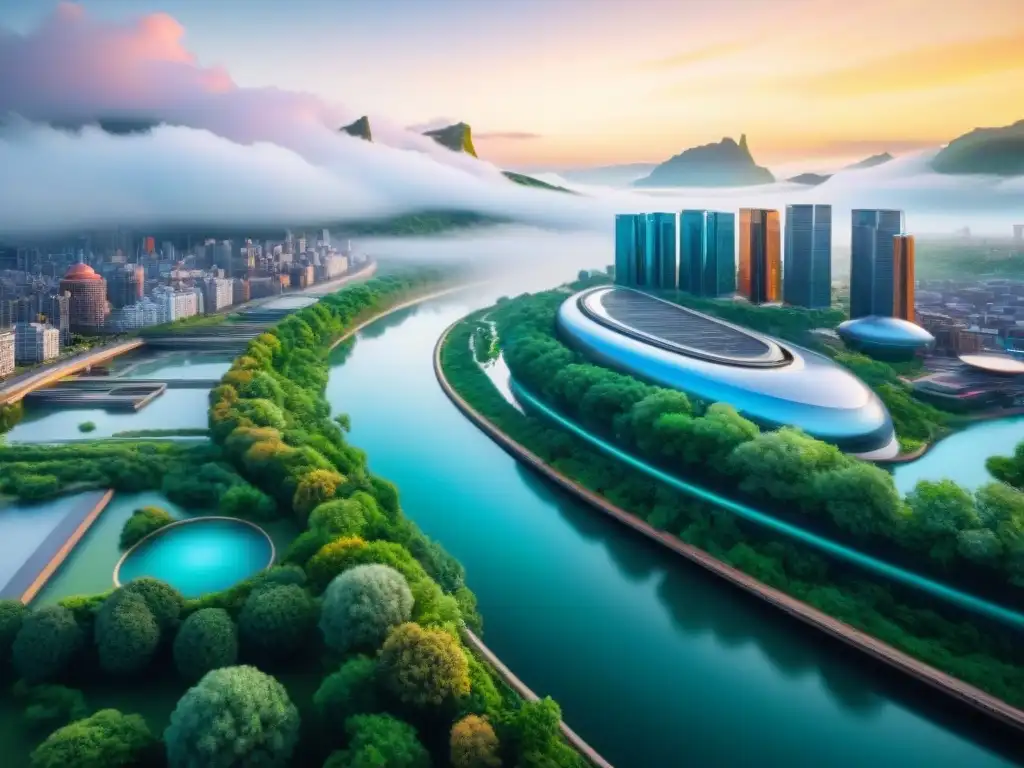 Arte digital futurista: río en ciudad vibrante Futurista representación visual ríos arte digital en una ciudad con colores vibrantes reflejándose en el agua