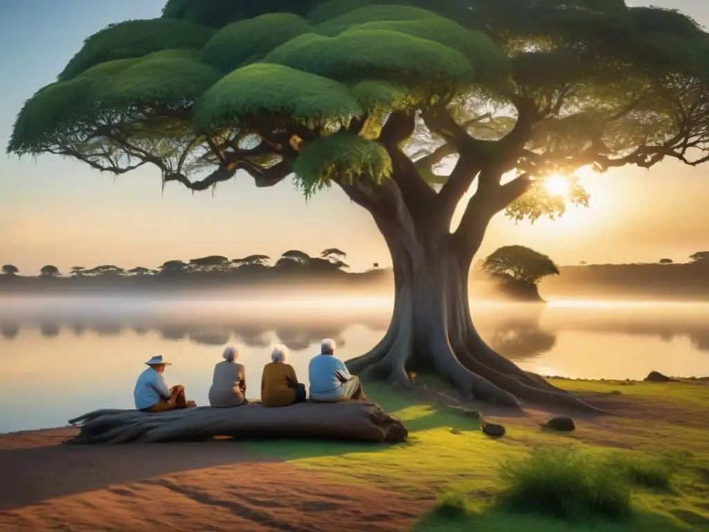 Venerables ancianos junto al Paraná: leyendas vivientes Grupo de ancianos bajo árbol milenario a orillas del río Paraná, compartiendo leyendas vivas y mitos ancestrales al atardecer