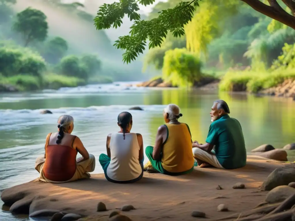 Venerables indígenas contando leyendas junto al río Un grupo de ancianos indígenas cuenta historias de ríos legendarios culturales junto a un río sereno y exuberante