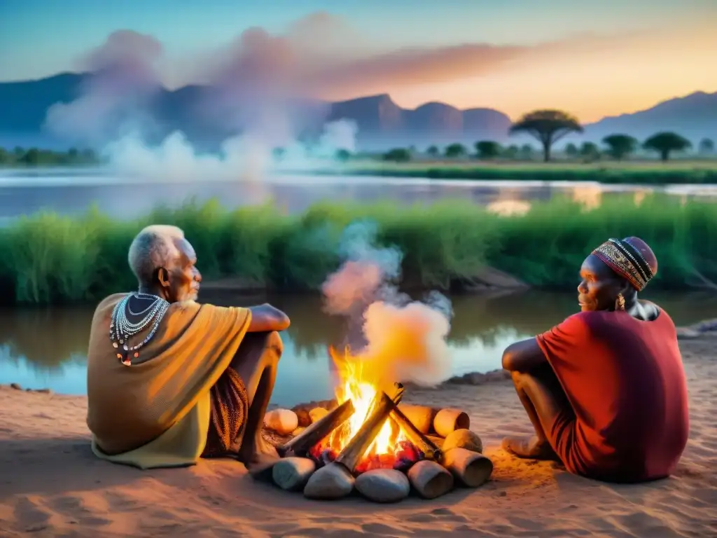 Sabiduría ancestral junto al río Limpopo Grupo de ancianos de una tribu africana junto al río Limpopo, compartiendo historias alrededor del fuego