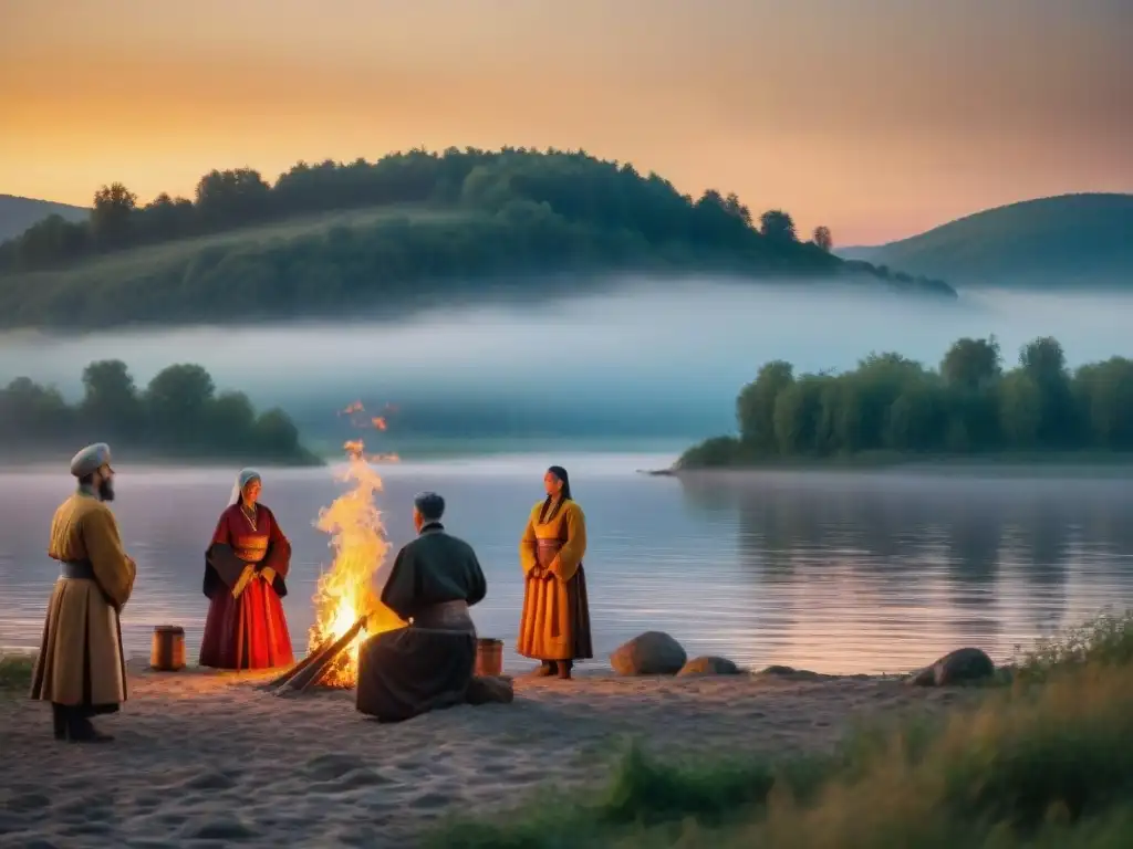 Grupo en atuendos paganos danzando en orillas del río Volga al anochecer, iluminados por fogata