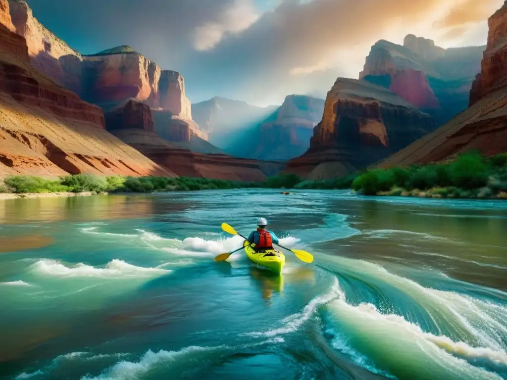 Emoción en el Río Colorado: Aventura en Kayak en el Gran Cañón Grupo de aventureros en kayaks coloridos desafían las turbulentas aguas del río Colorado en el Gran Cañón