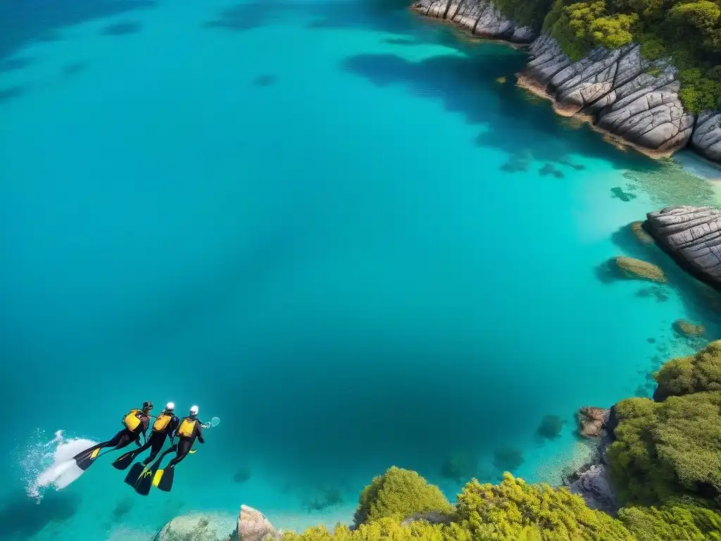 Grupo de buzos profesionales con trajes de neopreno resistentes, listos para deportes acuáticos