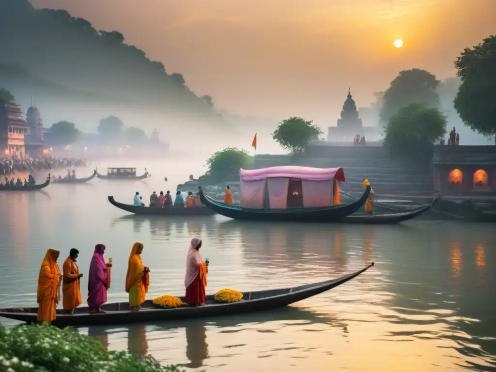 Ritual sagrado al amanecer en el Ganges Grupo devoto realiza ceremonia en el Ganges al amanecer