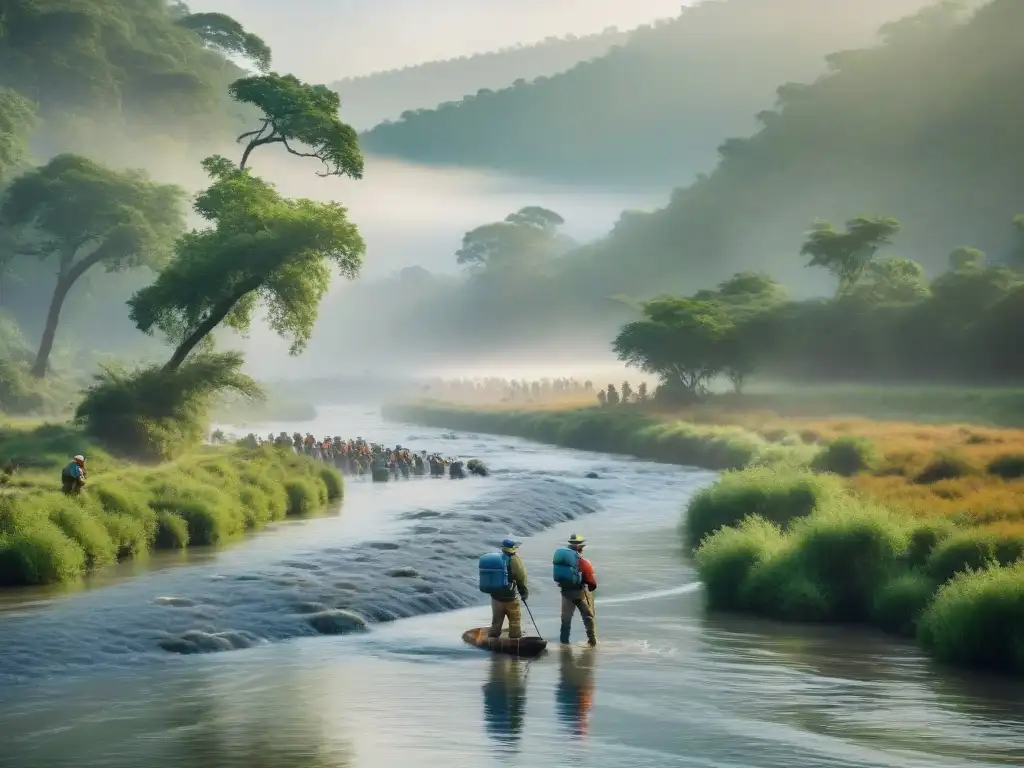 Grupo de conservacionistas plantando árboles nativos en un río emblemático del mundo