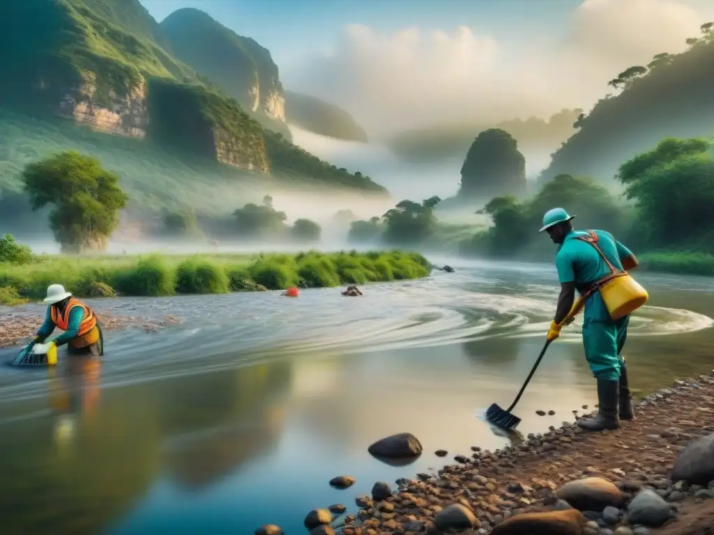 Un grupo de conservacionistas en acción limpiando un río contaminado