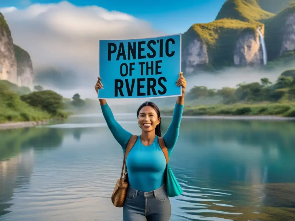 Activistas por ríos emblemáticos: defensores de la naturaleza Un grupo diverso de activistas ambientales frente a un majestuoso río, levantando carteles por la protección de ríos emblemáticos