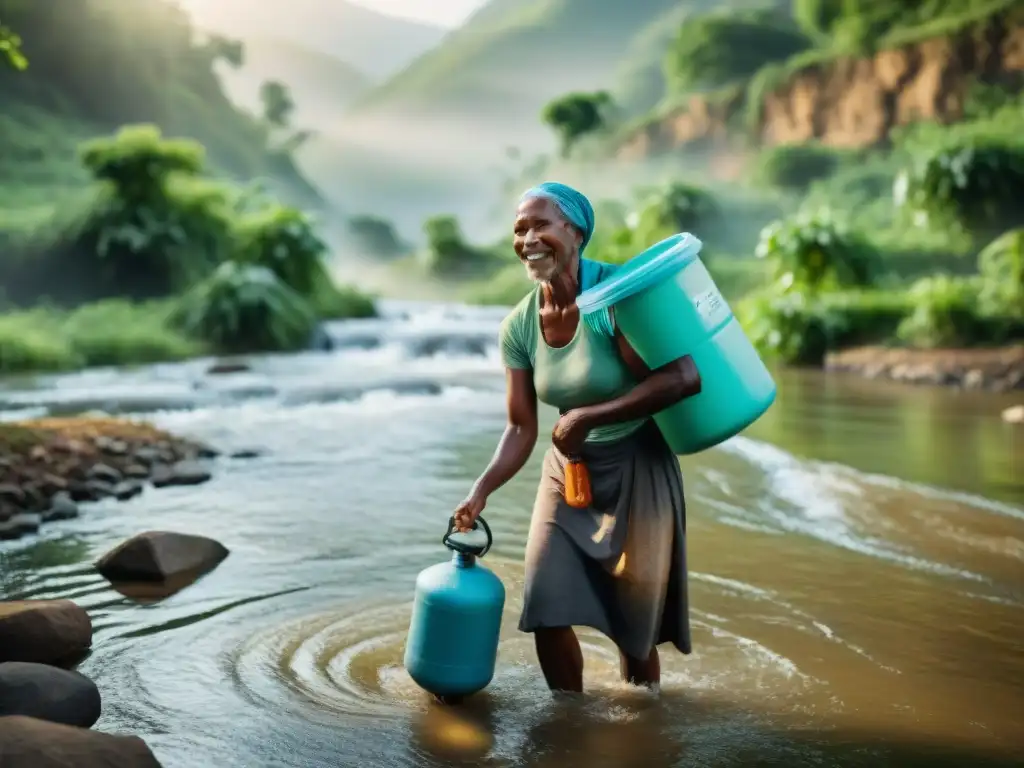 Comunidad unida: recolección alegre de agua en el río Grupo diverso recoge agua de río, reflejando esperanza y unidad
