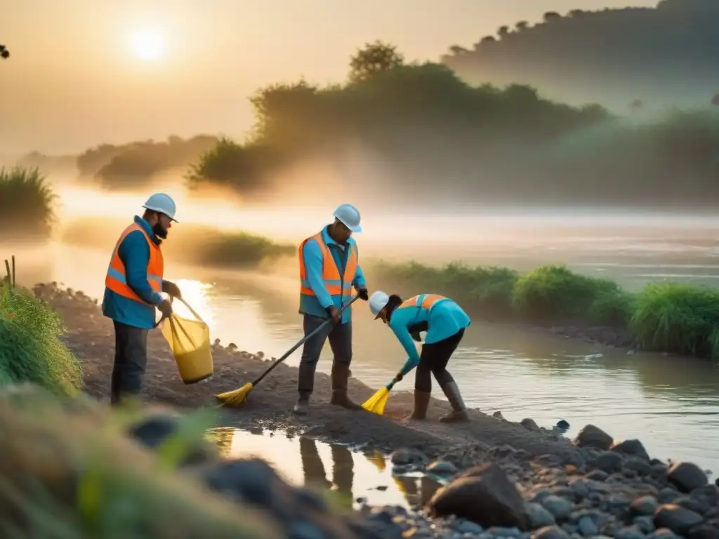 Jóvenes líderes limpiando un río al atardecer con pasión Un grupo diverso de jóvenes líderes limpiando apasionadamente una rivera contaminada al atardecer, mostrando su compromiso con la conservación de ríos