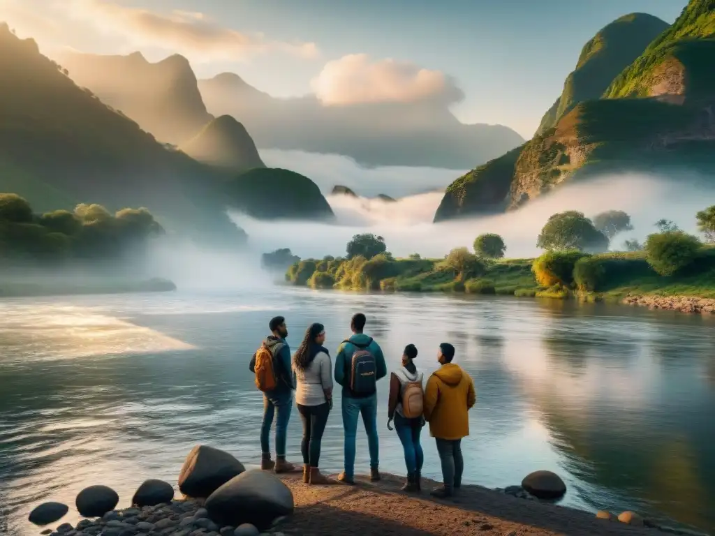 Retrato de migrantes junto al río: esperanza y determinación Un grupo diverso de migrantes frente a un río emblemático, reflejando esperanza y determinación