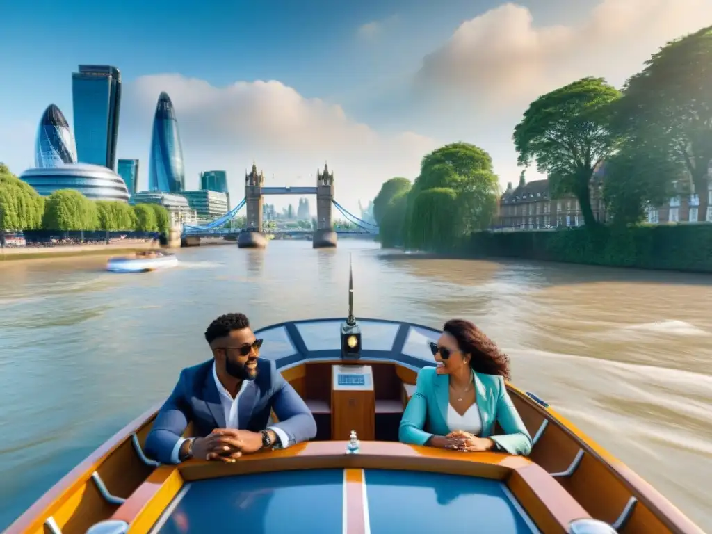 Turismo sostenible en el Támesis: paseo en bote solar en Londres Grupo diverso de turistas en un bote solar en el Támesis, practicando turismo sostenible