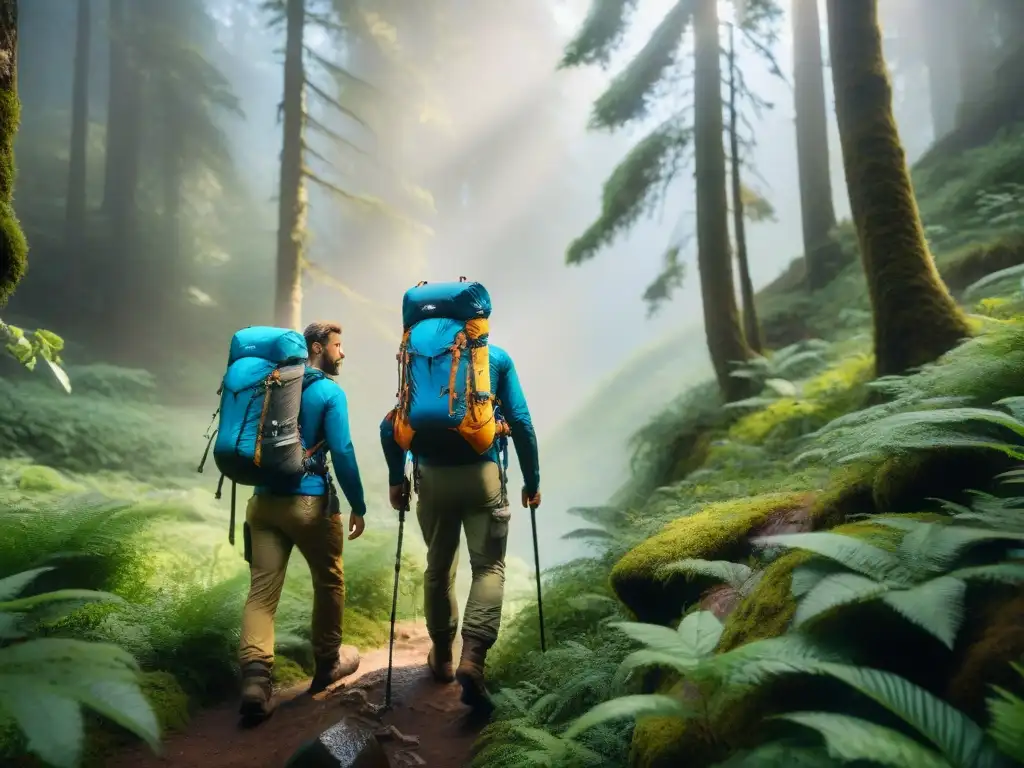 Exploradores equipados: purificación de agua en la aventura Un grupo de excursionistas lleva equipos de purificación de agua en una densa y pintoresca selva