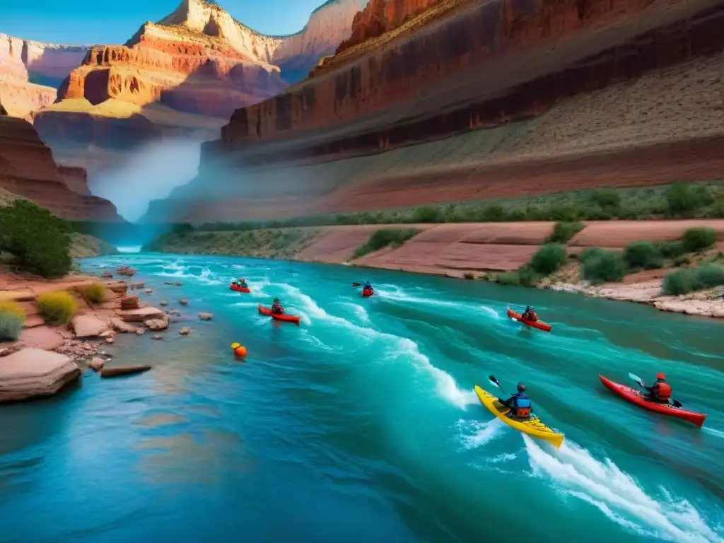 Kayakers expertos desafían rápidos del Gran Cañón Un grupo de kayakeros navegando habilidosamente por los rápidos del Gran Cañón, en un desafío de certificación en kayak ríos legendarios