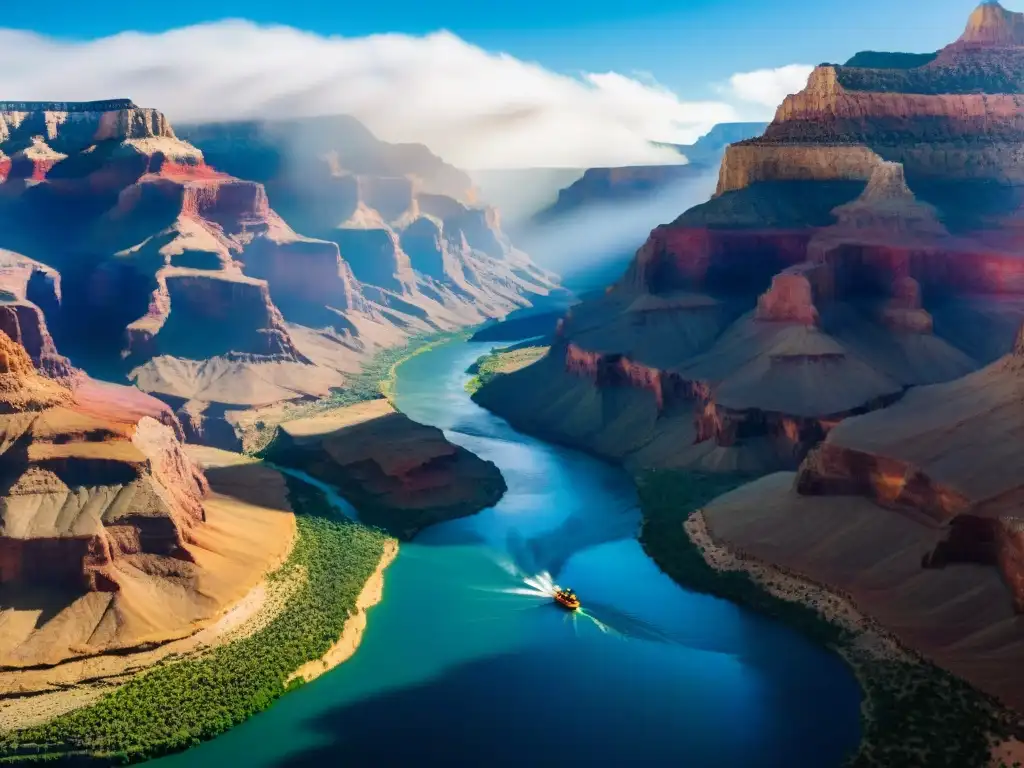 Emocionante descenso en kayak por el poderoso río Colorado en el Gran Cañón Un grupo de kayakistas navegando en las aguas turbulentas del río Colorado, rodeados de imponentes acantilados en una escena de aventuras extremas