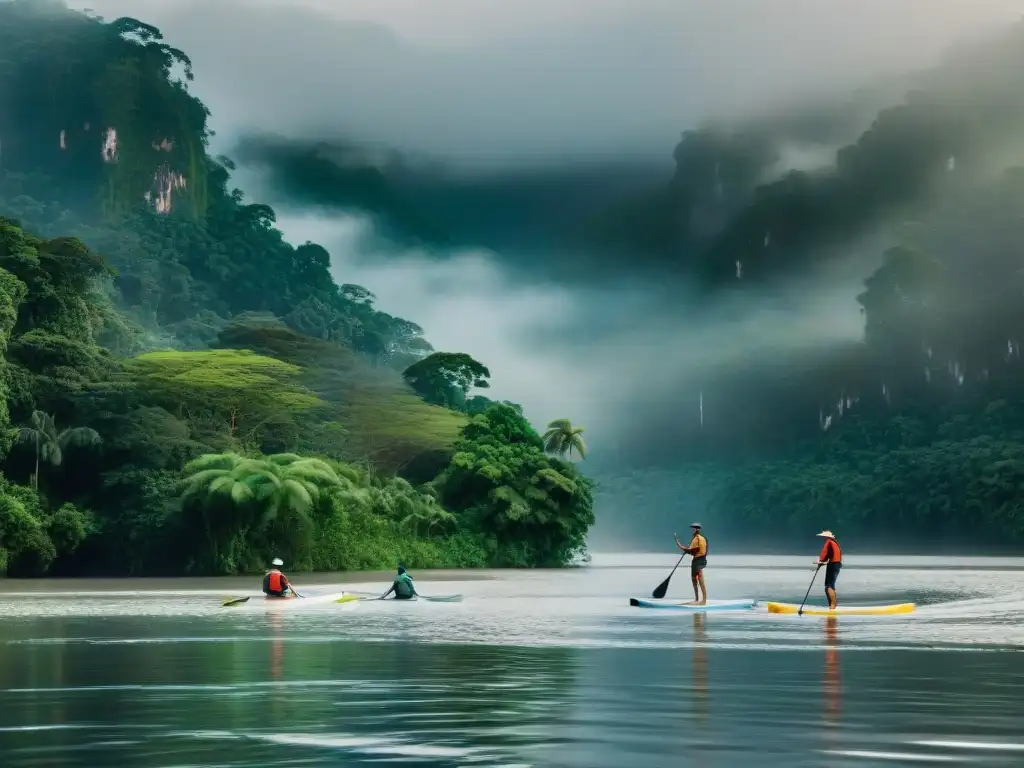 Exploración en paddleboard en el Amazonas Grupo de paddleboarders navegando en el majestuoso río Amazonas
