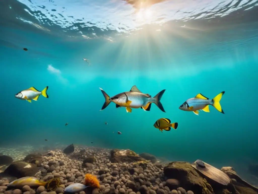 Grupo de peces luchando en aguas contaminadas del río Rin, con escamas descoloridas y lesiones, mostrando impactos de la contaminación fauna río Rin