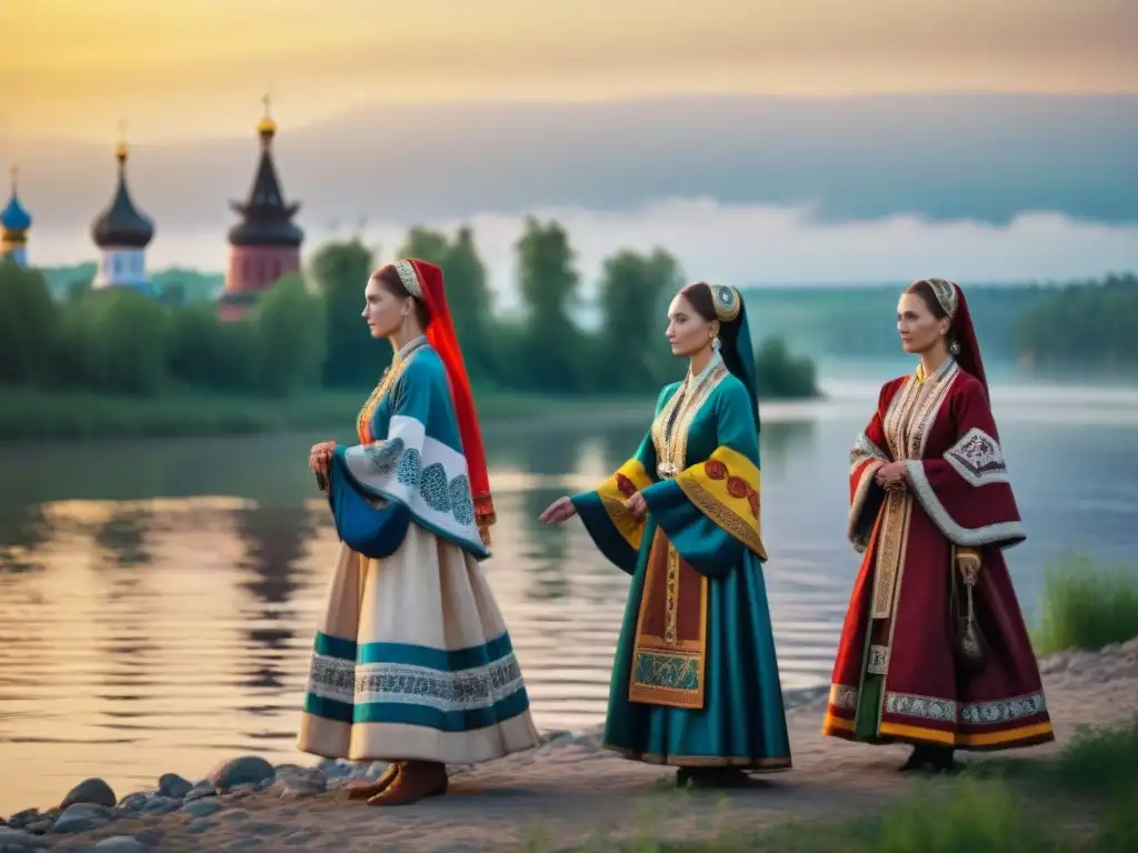 Un grupo de personas en trajes tradicionales paganos a orillas del río Volga al atardecer, realizando un baile ritual