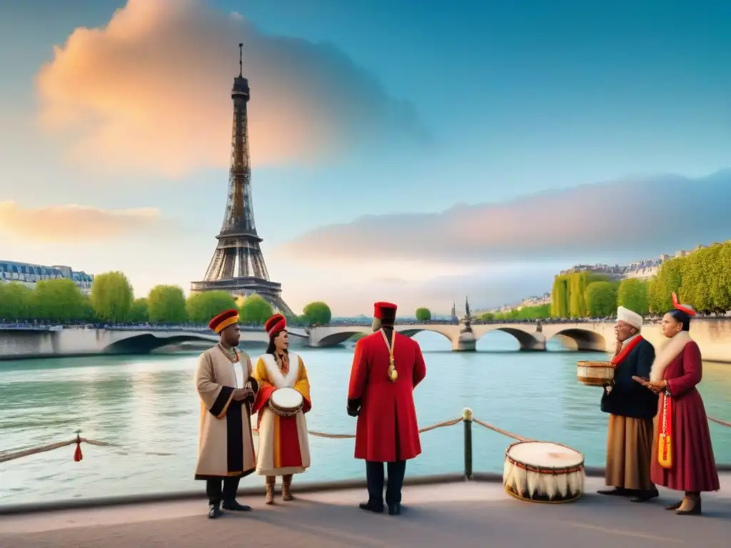 Guardianes del río en París: diversidad cultural junto al Sena Un grupo de Protectores Espirituales Río Sena en París, con atuendos tradicionales y objetos simbólicos, frente a la Torre Eiffel