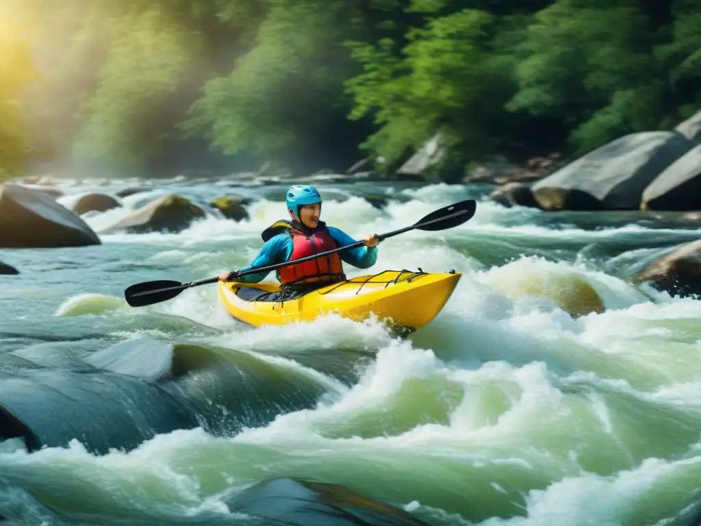 Kayakers desafían rápidos legendarios en equipo Grupo de kayakers en rápidos rodeados de naturaleza, reflejando certificación kayak ríos legendarios