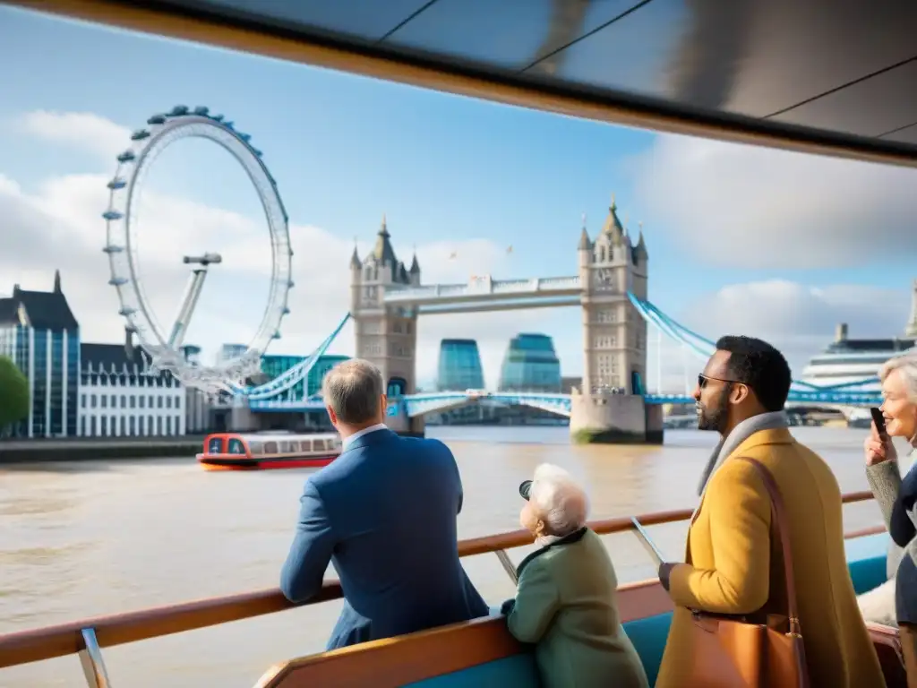 Excursión ecológica en el Támesis: diversidad y aprendizaje Un grupo de turistas diversos participa en un recorrido ecológico en bote por el Támesis en Londres, escuchando al guía