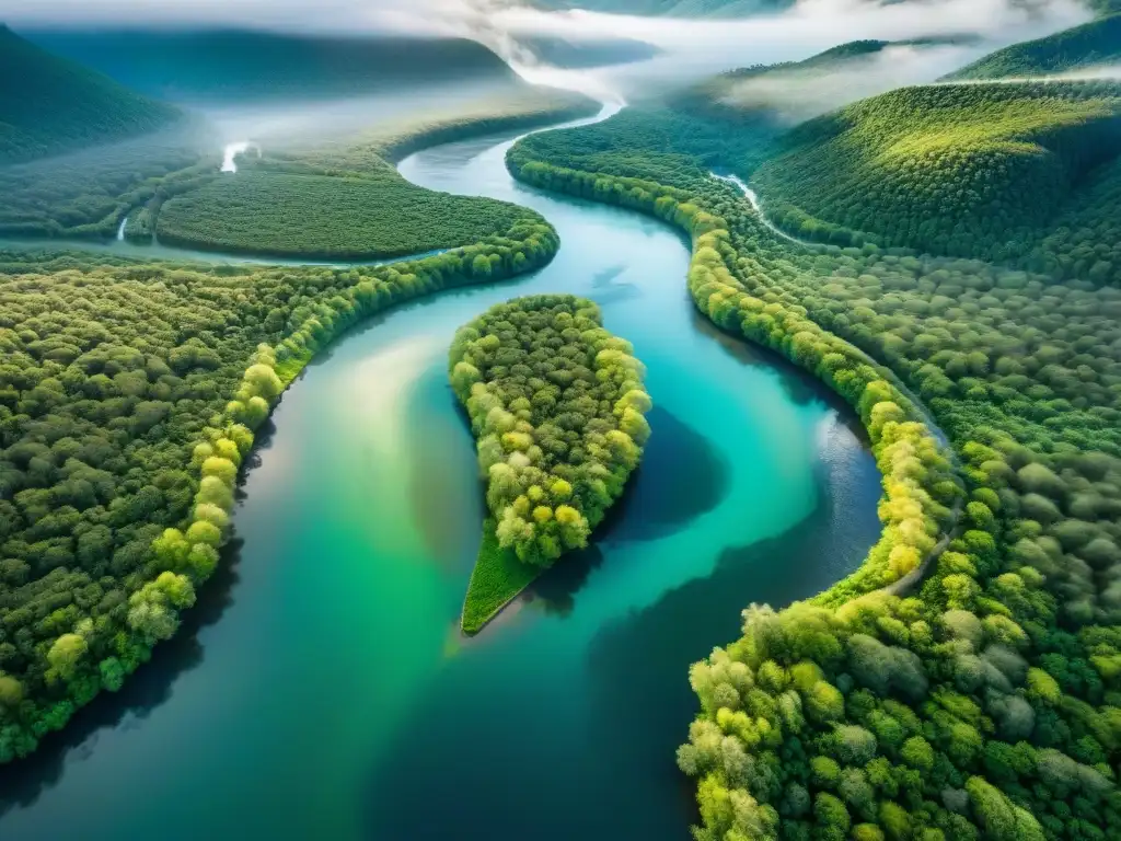 Río serpenteante: belleza natural en colores vibrantes Guías para conectar con ríos: un río serpenteante entre exuberantes bosques verdes, reflejando la luz del sol en colores deslumbrantes