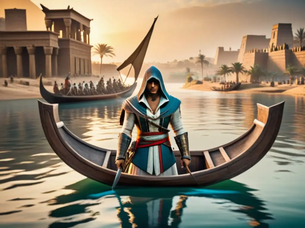 Asesino en el Nilo al atardecer Un hábil asesino de Assassin's Creed navega misteriosamente en un barco por el Nilo al atardecer, rodeado de mitos egipcios