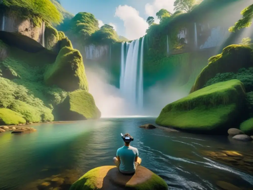 Realidad virtual en paraíso natural: cascada mítica Headset de realidad virtual en un entorno de ríos míticos, fusionando tecnología y naturaleza