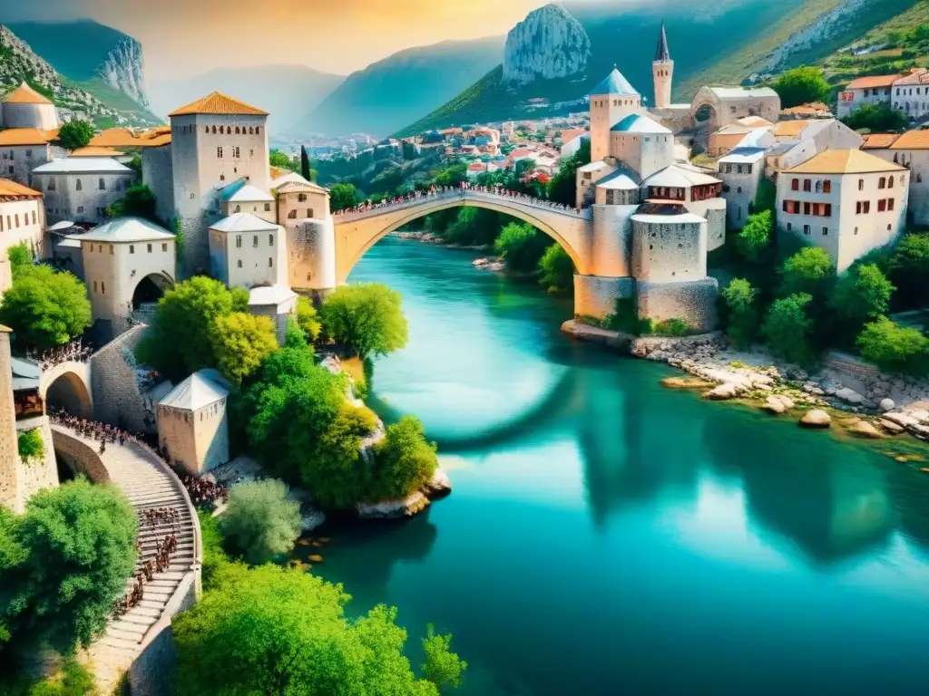 Detalles arquitectónicos del Puente Stari Most en Mostar, Bosnia Historia del Puente de Mostar: Puente de Stari Most en Mostar, Bosnia, resaltando su arquitectura y la historia en cada detalle