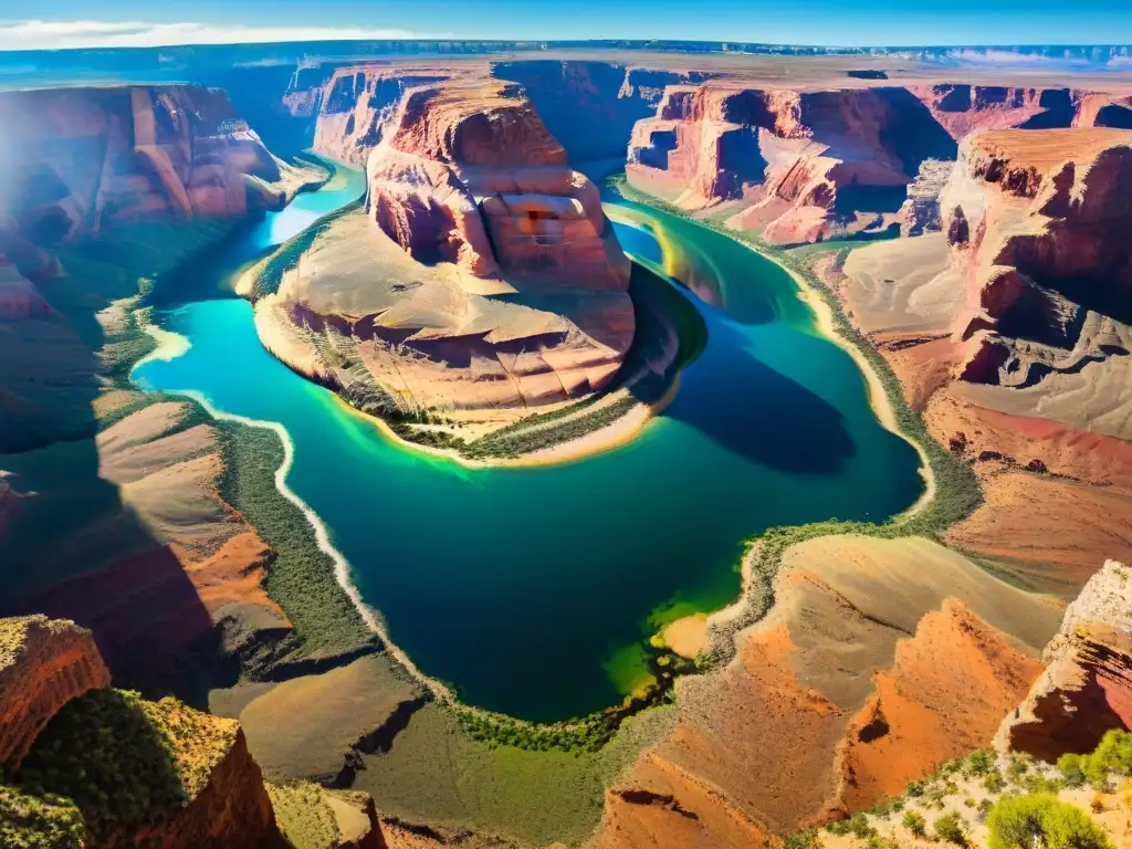 Esplendor del Gran Cañón: Río Colorado y sus colores vibrantes La historia y geografía del Río Colorado en el majestuoso Gran Cañón, con sus colores vibrantes y paisaje desértico iluminado por el sol
