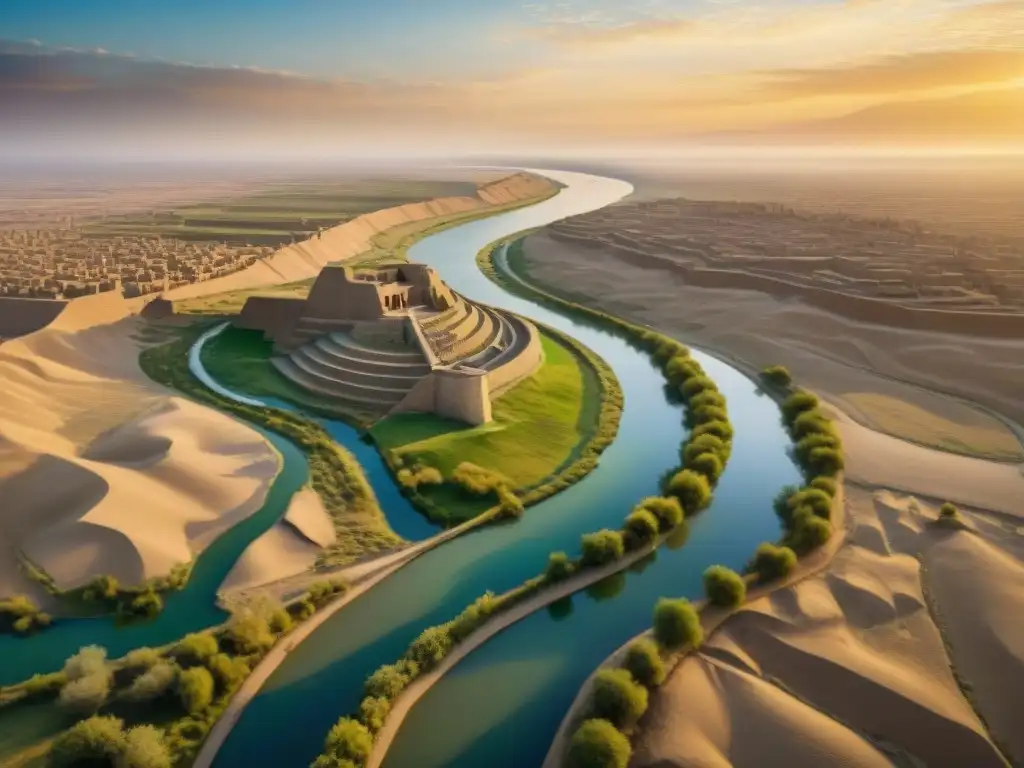 Éufrates: historia y misterio al atardecer Historia del río Éufrates: Ruinas antiguas a orillas del majestuoso río al atardecer, revelando su legado histórico
